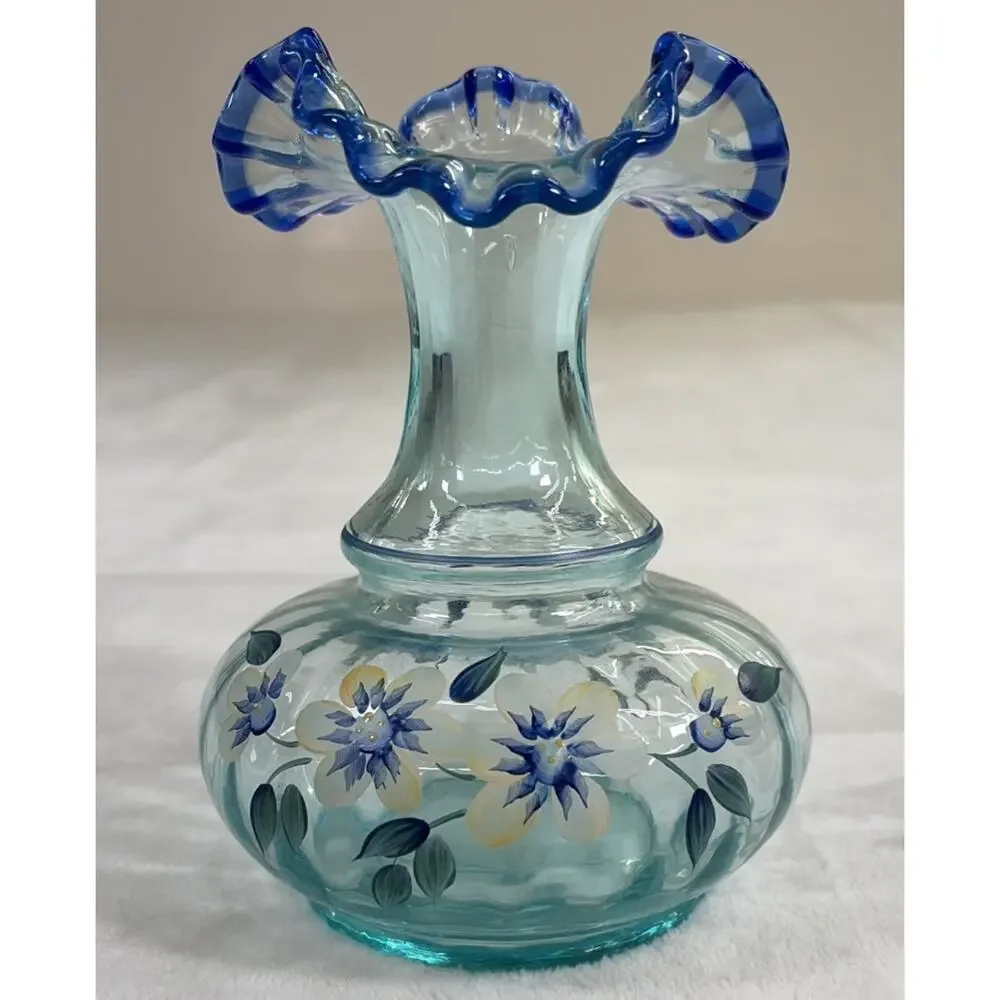 Fenton Vase Cobalt and Aqua Tranquility Hand Painted By DK Brightbill 6.25